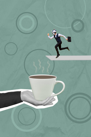 Creative photo 3d collage artwork poster postcard of young person hurry drink coffee feel energetic cheerful isolated on drawing backgroundの写真素材