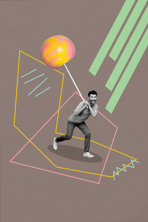 Creative photo 3d collage image poster postcard of happy boy carry huge lollipop like sweets isolated on drawing backgroundの写真素材