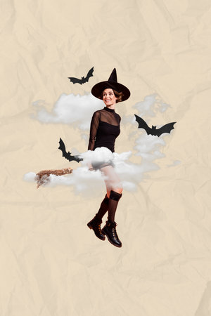 Magazine banner collage of beautiful lady flying high air fantasy night dream on broom stick painted backgroundの写真素材