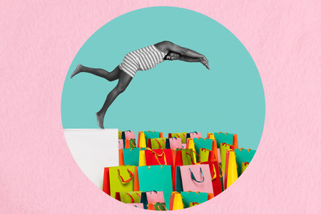 Creative photo 3d collage artwork poster postcard of funky funny young man jump like addicted shopping isolated on drawing backgroundの写真素材
