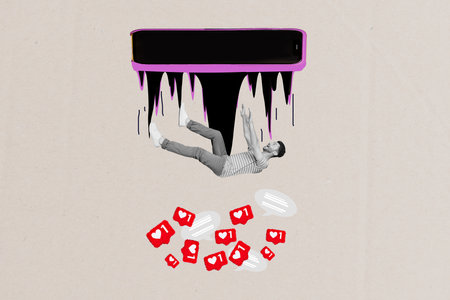 Creative photo 3d collage artwork image poster postcard of young man addicted gadget  like isolated on drawing backgroundの写真素材