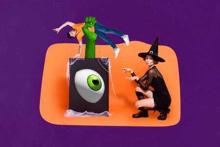 Creative collage picture of conjurer girl point fingers box big eye monster arm hold mini guy isolated on purple backgroundの写真素材