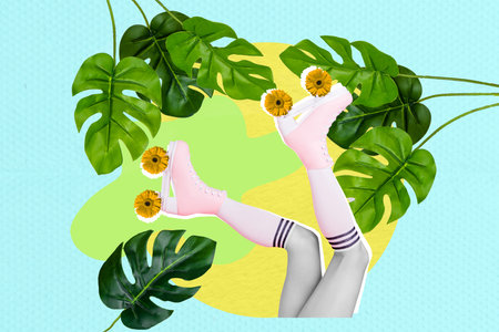 Advertisement template collage of sporty roller skates wear on lady feet isolated decorated green ficus leaves gerbera flowersの写真素材