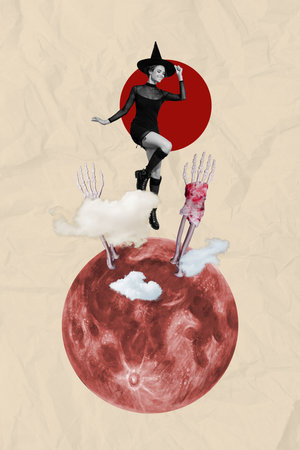 Image magazine poster collage of full moon ritual by lady warlock jumping alive zombie on drawing backgroundの写真素材