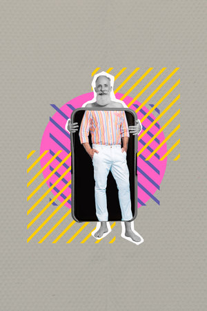 Creative photo 3d collage artwork of funny funky man inside telephone cool comfort online shop application isolated on drawing backgroundの写真素材