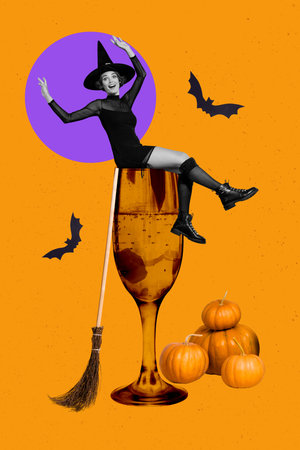 Vertical collage portrait of excited mini witch girl black white colors sit big champagne glass isolated on creative backgroundの写真素材