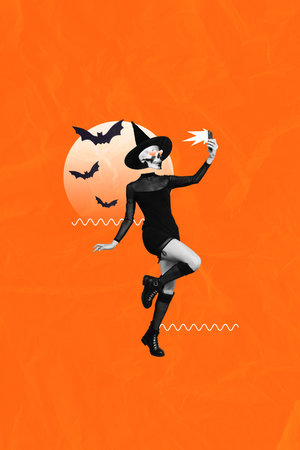 Vertical collage picture of black white colors person skull head hold telephone make selfie isolated on drawing backgroundの写真素材