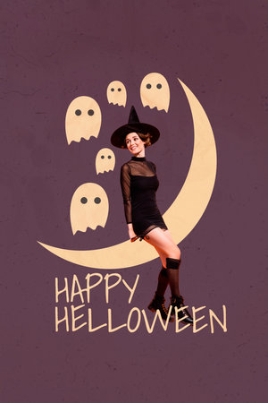 Vertical collage image of gorgeous conjurer girl sitting moon flying ghosts happy halloween isolated on creative backgroundの写真素材