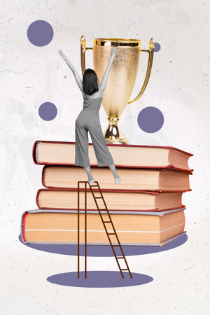 Composite collage image of young woman climb ladder steps reading achievement knowledge successful student golden goblet prize awardの写真素材