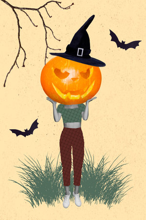 Vertical collage image of girl black white colors huge carved pumpkin instead head drawing grass tree branch flying batsの写真素材