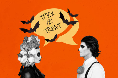 Creative collage picture of two mexican people black white colors look each other speak chatting...