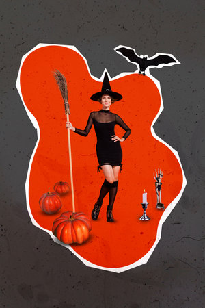 Vertical collage picture of pretty gorgeous conjurer girl hold broom stick flying bat pumpkins skeleton hand candle isolated on drawing backgroundの写真素材
