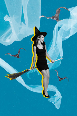 Vertical collage image of excited pretty witch girl black white effect flying broom stick painted bats isolated on creative backgroundの写真素材
