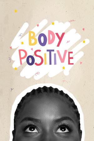 Creative abstract template collage of funny positive young woman face look up body positive text against shaming self acceptance esteemの写真素材