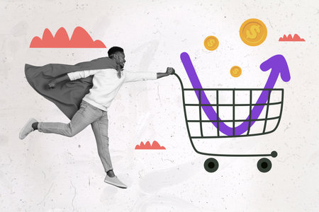 Creative photo 3d collage poster postcard artwork of customer hurry store buy product previous low price isolated on drawing backgroundの写真素材