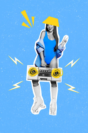 Creative abstract template collage of funny sexy figure young woman swimsuit hold boombox retro tape recorder beach party disco panamaの写真素材