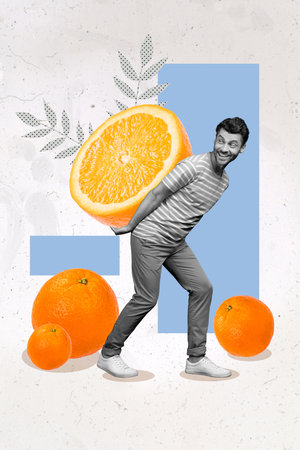 Collage photo of young funny excited positive guy hold big slice orange carrying together vitamins fresh juice dieting isolated on drawing backgroundの写真素材