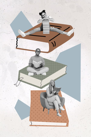 Collage 3d image of pinup pop retro sketch of three beautiful women young old reader book enjoy reading big books smart hobby studyの写真素材