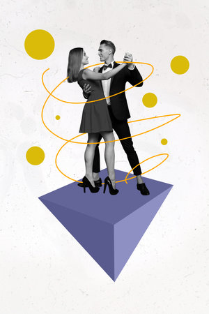 Collage photo of young pretty couple together dancing discotheque doodle celebrate entertainment formalwear isolated on white color backgroundの写真素材