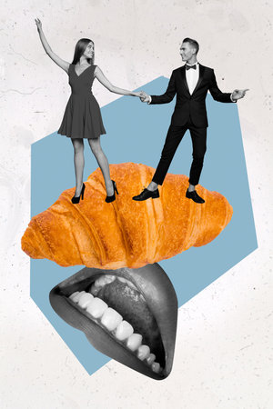 Collage photo of young couple man woman wear costume positive mood weekend eating croissant mouth abstract isolated on white color backgroundの写真素材