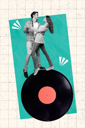 3d retro abstract creative artwork template collage of happy smiling guy lady dancing together vintage plate isolated painting backgroundの写真素材