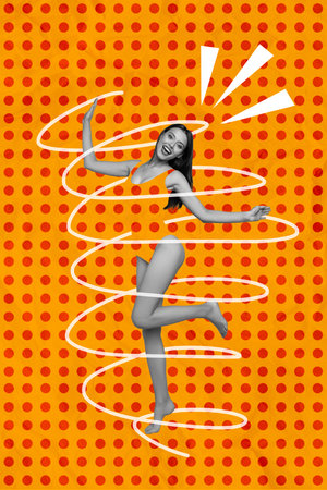 Creative trend collage of funny funky young woman wear swimsuit dancing dotted background swimming summer season banner promo posterの写真素材