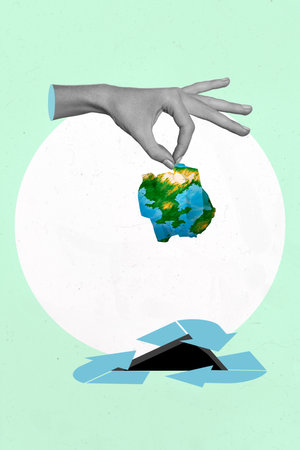 Collage photo of creative abstract ecology friendly hand hold used planet earth throw trash basket...