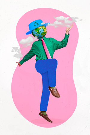 Creative photo 3d collage poster postcard artwork of weird boy planet instead face care save nature world isolated on painting backgroundの写真素材