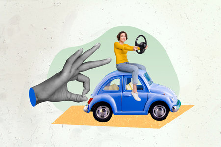 Magazine banner collage of confused lady with damaged car big finger pushing away on drawing creative image backgroundの写真素材