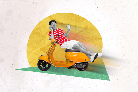 Picture magazine collage of shocked guy drive ride motor bike fast listen order hold espresso mug on...