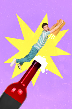 Collage photo of young funny excited crazy guy uncork bottle glass champagne open beverage drink shocked fly superhero event isolated on purple color backgroundの写真素材