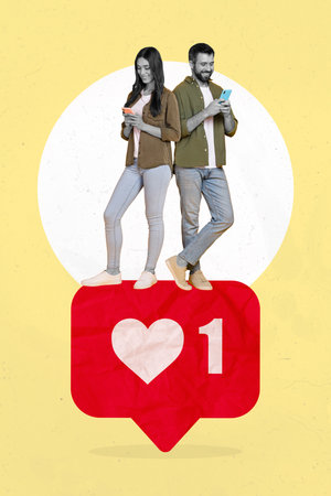 Collage photo of youngster couple addicted users notification big red paper heart social media...