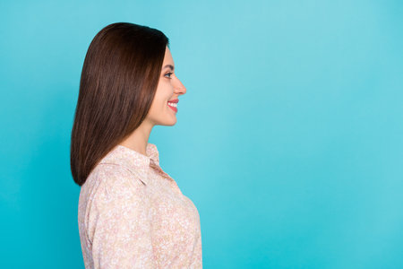 Profile photo portrait of cute young girl toothy smile manager dressed stylish smart casual outfit isolated on aquamarine color backgroundの写真素材