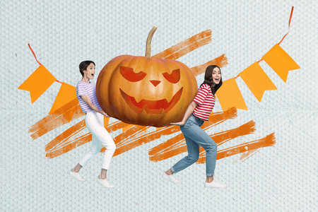 Composite collage picture of two excited funky girls hold carry huge carved pumpkin isolated on painted backgroundの写真素材