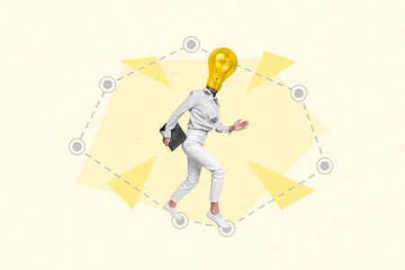 Collage photo of young woman headless lightbulb idea plan genius solution decision hold laptop run hurry no problem isolated on yellow color backgroundの写真素材