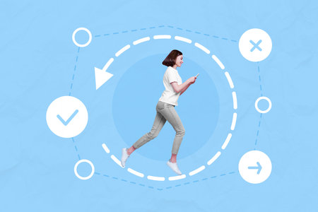 Photo cartoon comics sketch picture of purposeful lady typing modern gadget running circle isolated...