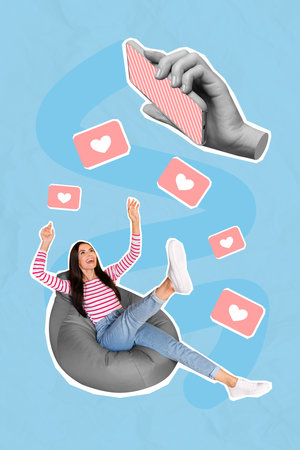 Collage photo of youngster pretty girlish woman sitting beanbag relax chill excited raise hands up absurd hand hold phone likes blog isolated on blue color backgroundの写真素材