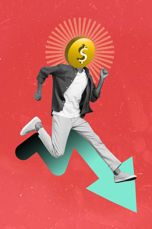 Collage photo of young student headless business owner cryptocurrency go down statistics inflation market recession isolated on red color backgroundの写真素材