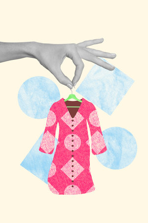 Collage photo of hand holding hangers new autumn season update style pink dress shopaholic miniature wardrobe isolated on beige color backgroundの写真素材