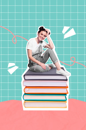 Vertical collage illustration of smart mini girl sit pile stack huge book isolated on painted creative backgroundの写真素材