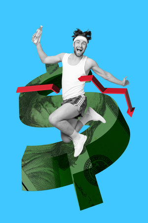 Composite collage picture image of excited happy energetic young sportsman running fast broke arrow...