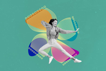Collage 3d image of pinup pop retro sketch of funny funky energetic young woman jumping flying butterfly wings fairy pixy magical creatureの写真素材