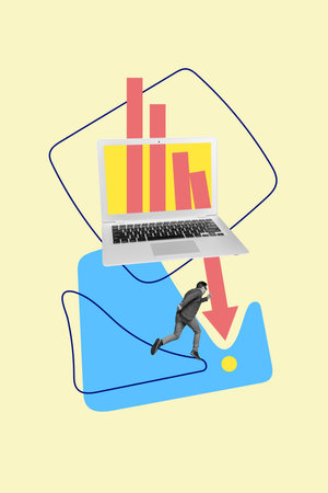Creative poster collage of laptop run businessman investor trader graphics up arrow point down stocks market statistics fantasy billboardの写真素材