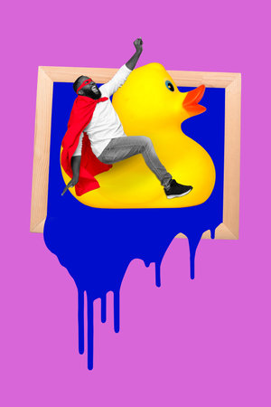 collage photo of young funky excited super hero costume guy abstract picture frame flying rubber big duck positive isolated on neon pink color backgroundの写真素材