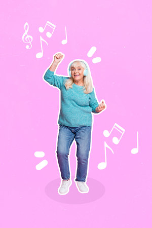 Composite collage image of active cool beautiful retired woman grandma dancing listen music headphones enjoy melody fell young pinup pin upの写真素材