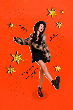 Creative retro 3d magazine image of happy smiling lady walking having fun isolated painting backgroundの写真素材