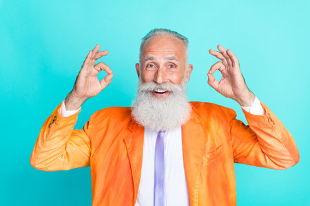 Photo of cheerful man dressed stylish vintage costume arm show okey symbol satisfied cool event...