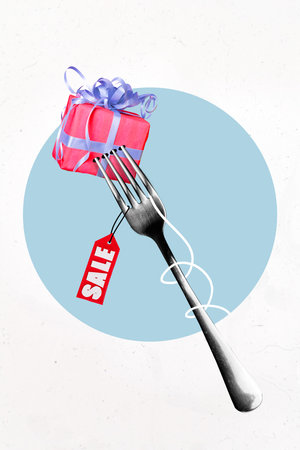 Vertical creative photo collage illustration of pink present box on fork with sale label price tag isolated on white color backgroundの写真素材
