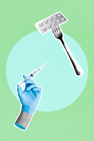 Collage photo of abstract gloves hand hold syringe injection ill healthy immunization medicine fork eat nutrition pills isolated on green color backgroundの写真素材