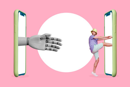 Creative photo 3d collage artwork of funny boy go inside telephone escape big arm addiction isolated on drawing backgroundの写真素材